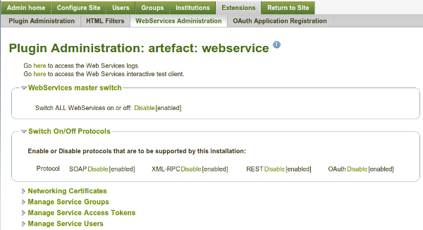 Web Services main configuration page